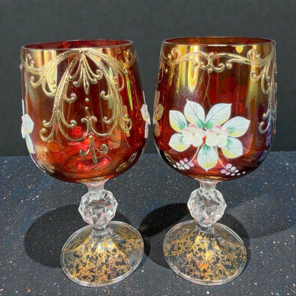 Italian Glass Cups Glasses‎ Stemware Hand Painted Venetian Raised Flowers Set  2